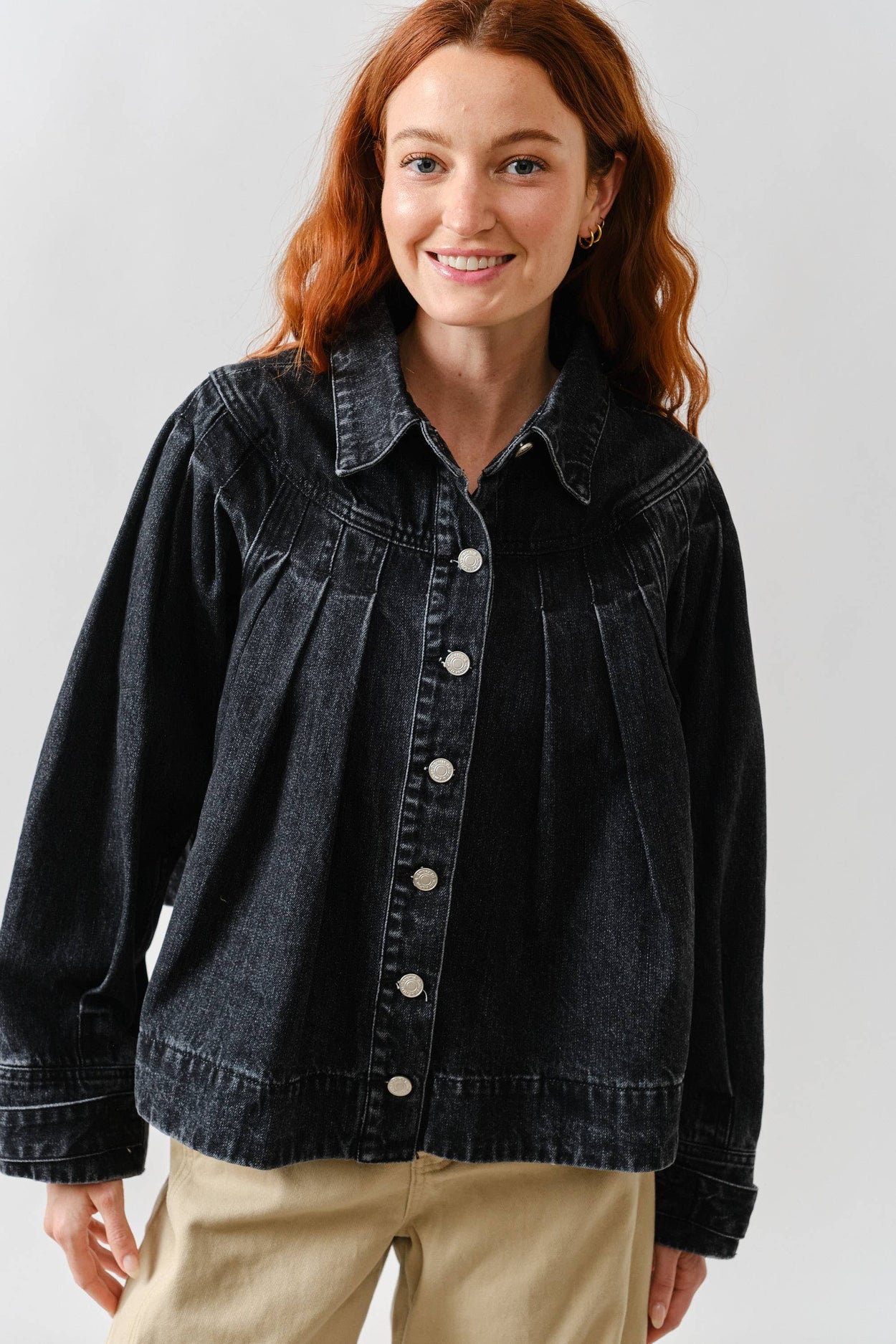 Washed Black Pleated Denim Jacket
