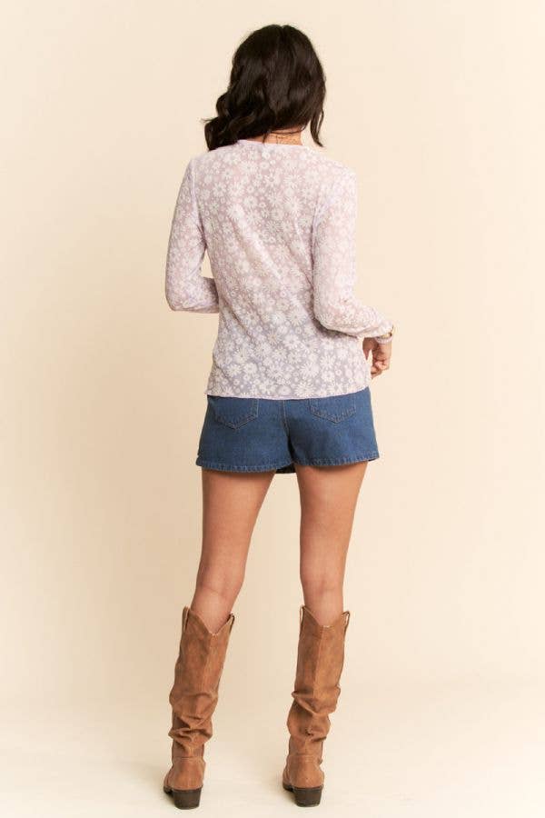 Plus Lavender Long Sleeve Floral Mesh Top
