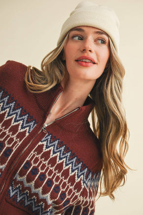 Cocoa Brown Fair Isle Zip Up Sweater