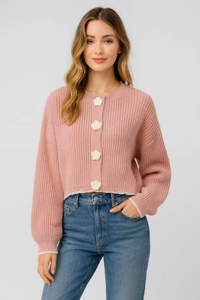 Pink Rose Button Knit Cardigan