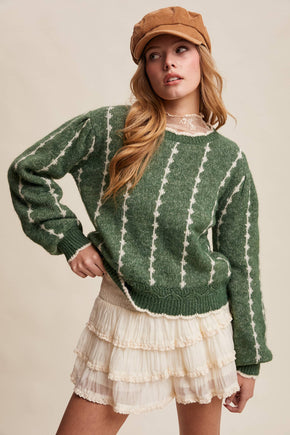 Green Textured Jacquard Knit Crew Sweater