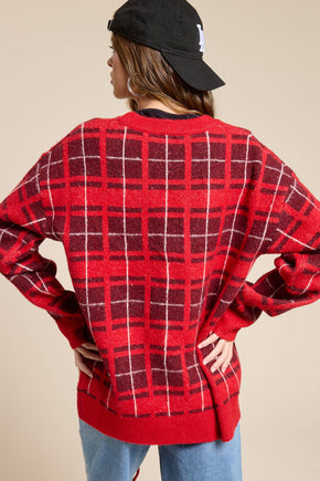 Red Plaid Tie-Front Cardigan Sweater