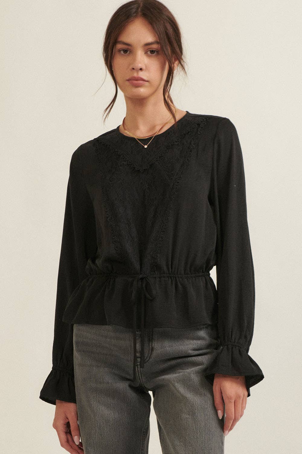 Black Lace Flared Hem Blouse