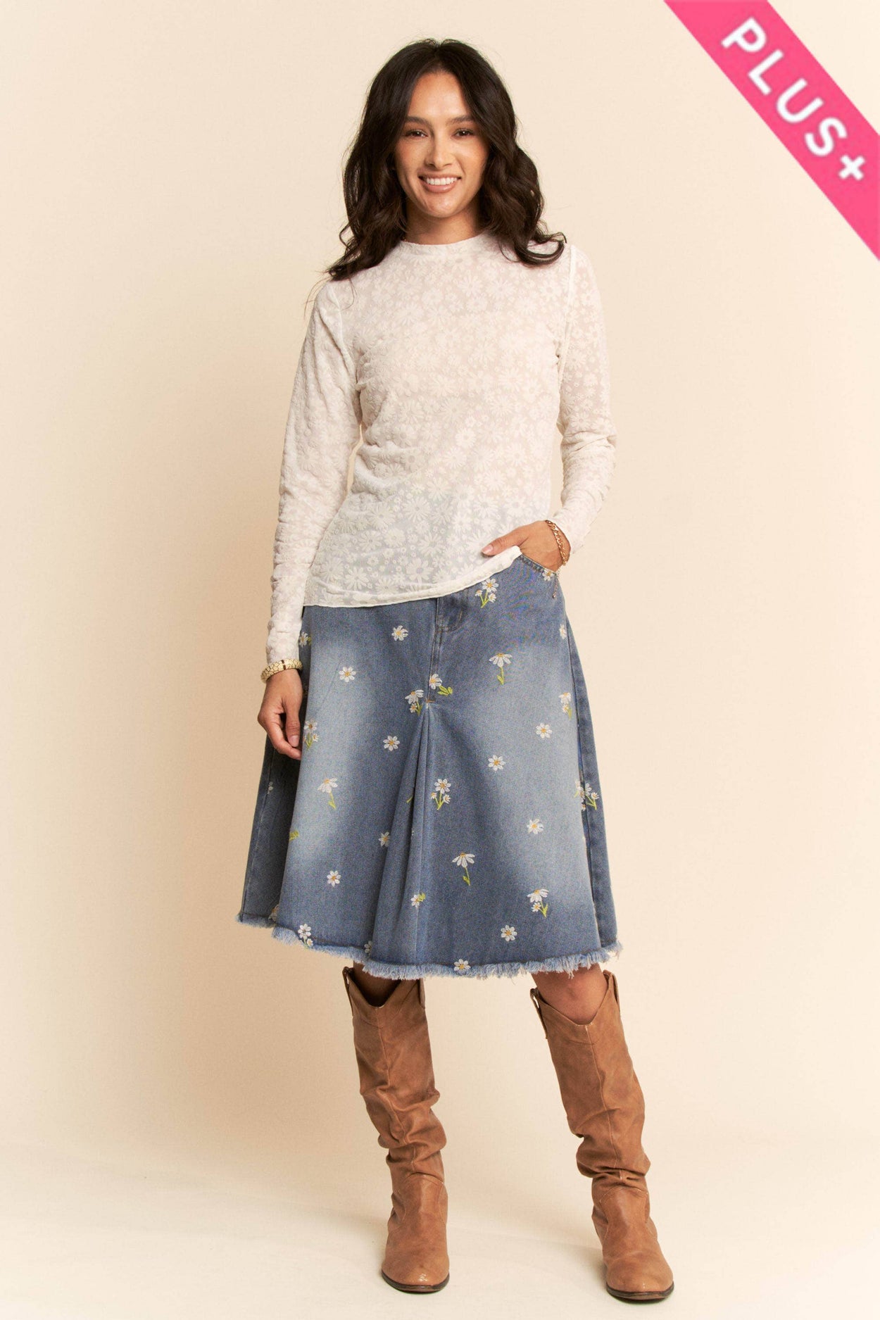 Plus Lavender Long Sleeve Floral Mesh Top