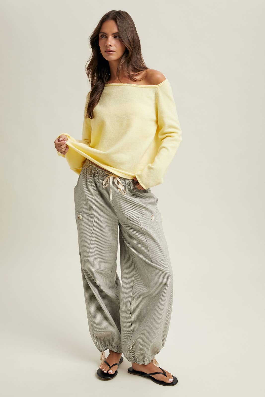 Black & Natural Striped Cargo Tie Hem Pants