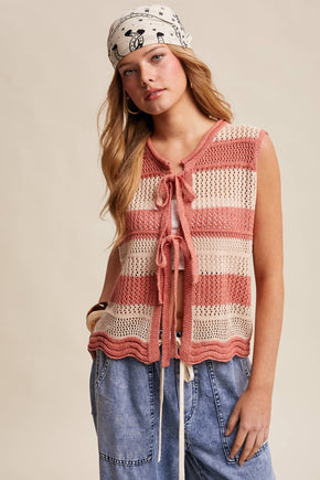 Coral Red Striped Crochet Tie-Front Knit Vest