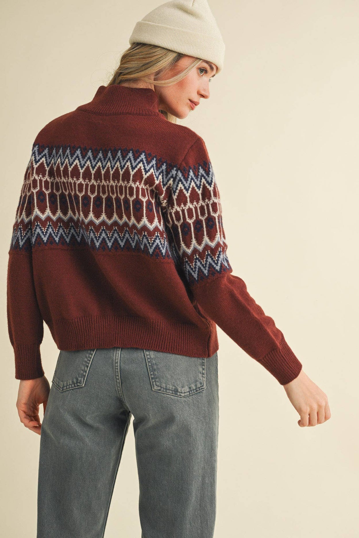 Cocoa Brown Fair Isle Zip Up Sweater