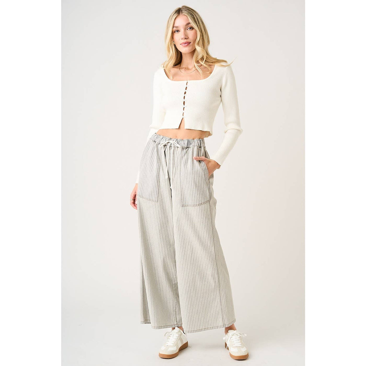 Washed Black Striped Elastic Pants