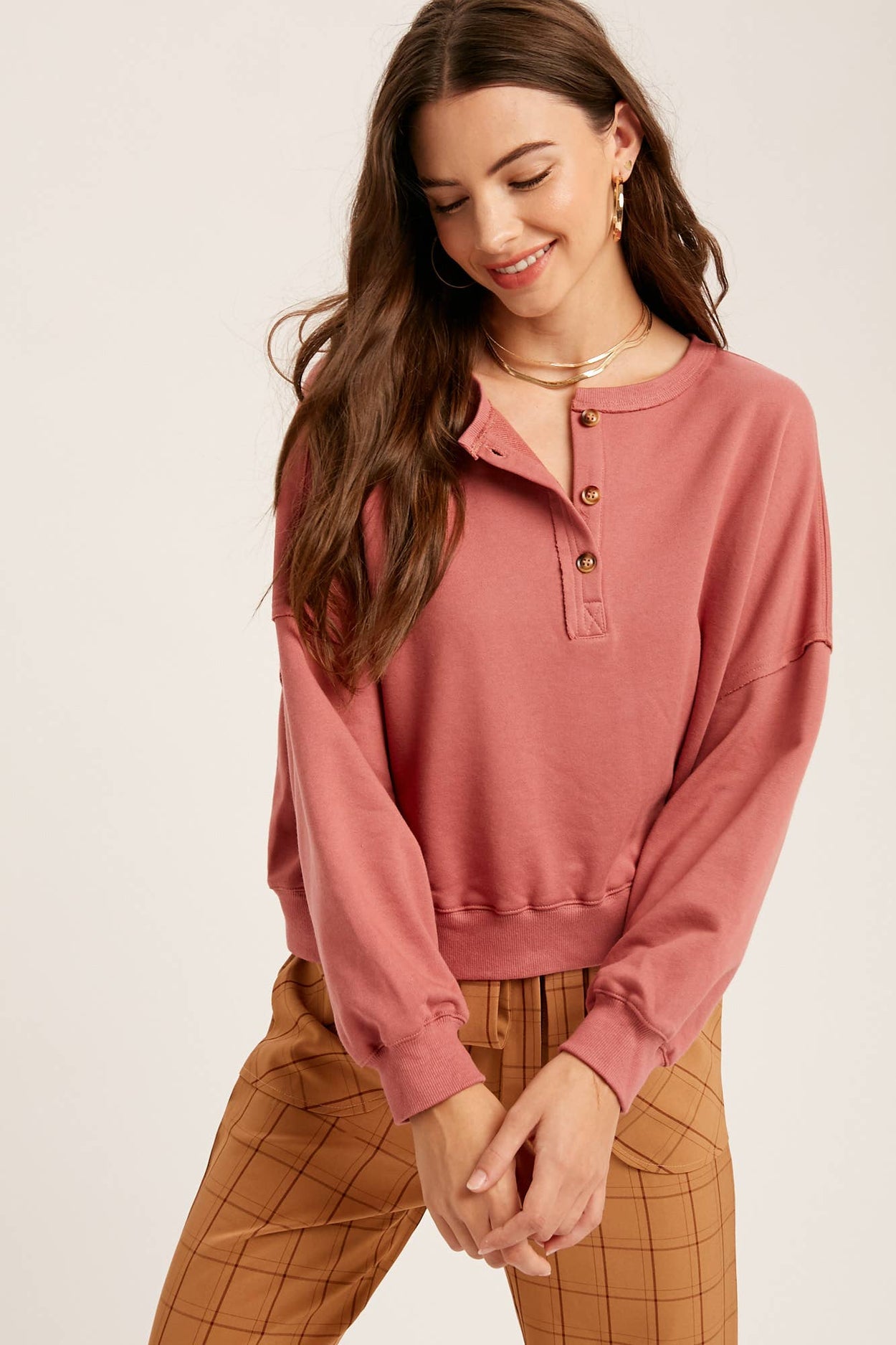 Deep Rose Henley Button Soft Knit Top