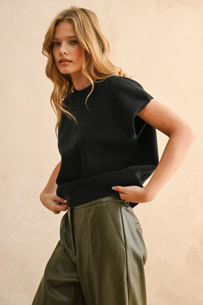 Black Loose Fit Short Sleeve Sweater Top