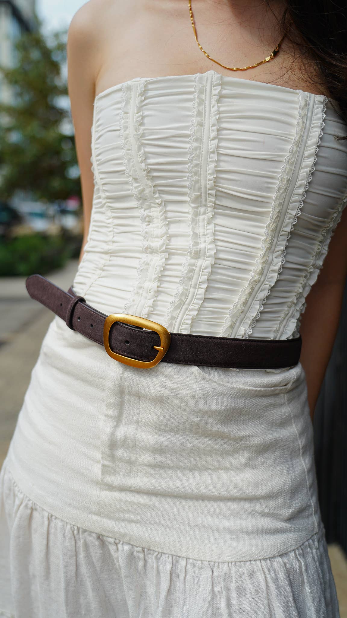 Chocolate Suede Belt With Organic Shape Buckle