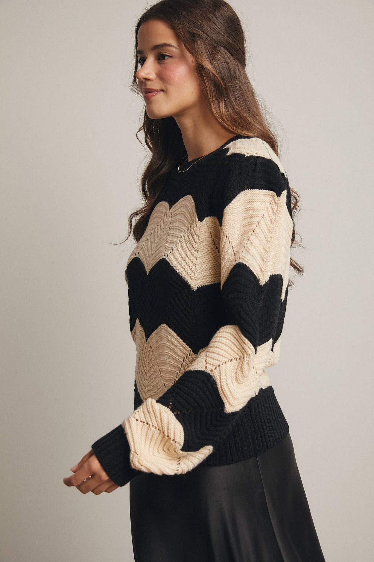 Black Wave Knit Chevron Pullover