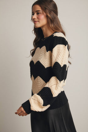 Black Wave Knit Chevron Pullover