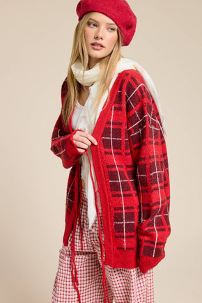 Red Plaid Tie-Front Cardigan Sweater