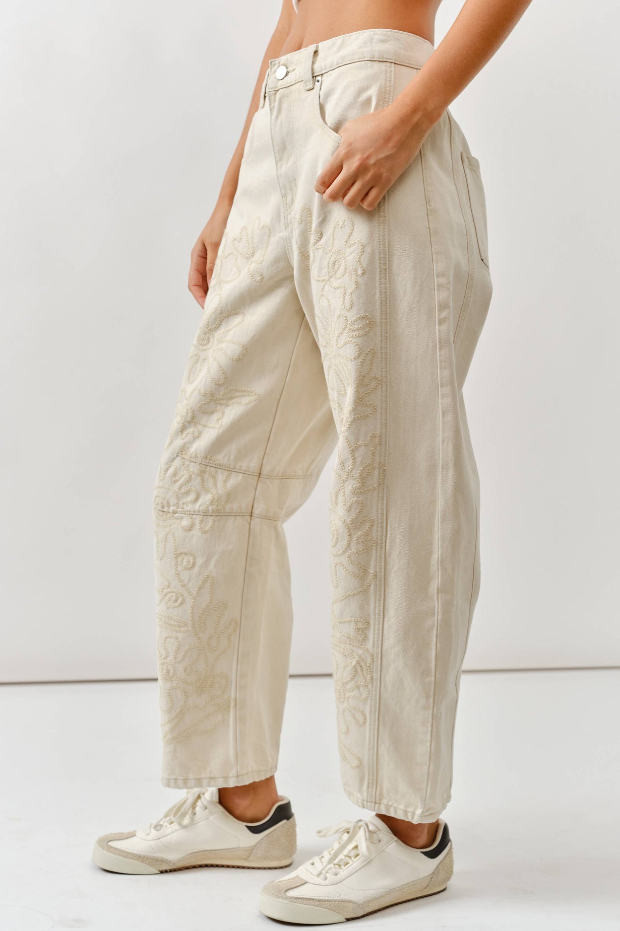 Beige Embroidered Cotton Pants