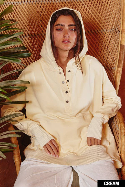 Cream French Terry Oversized Solid Hoodie Top
