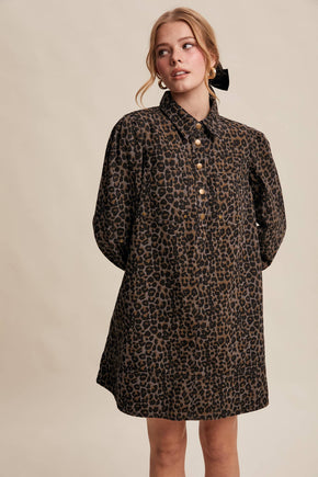 Charcoal Leopard Denim Shirt Dress