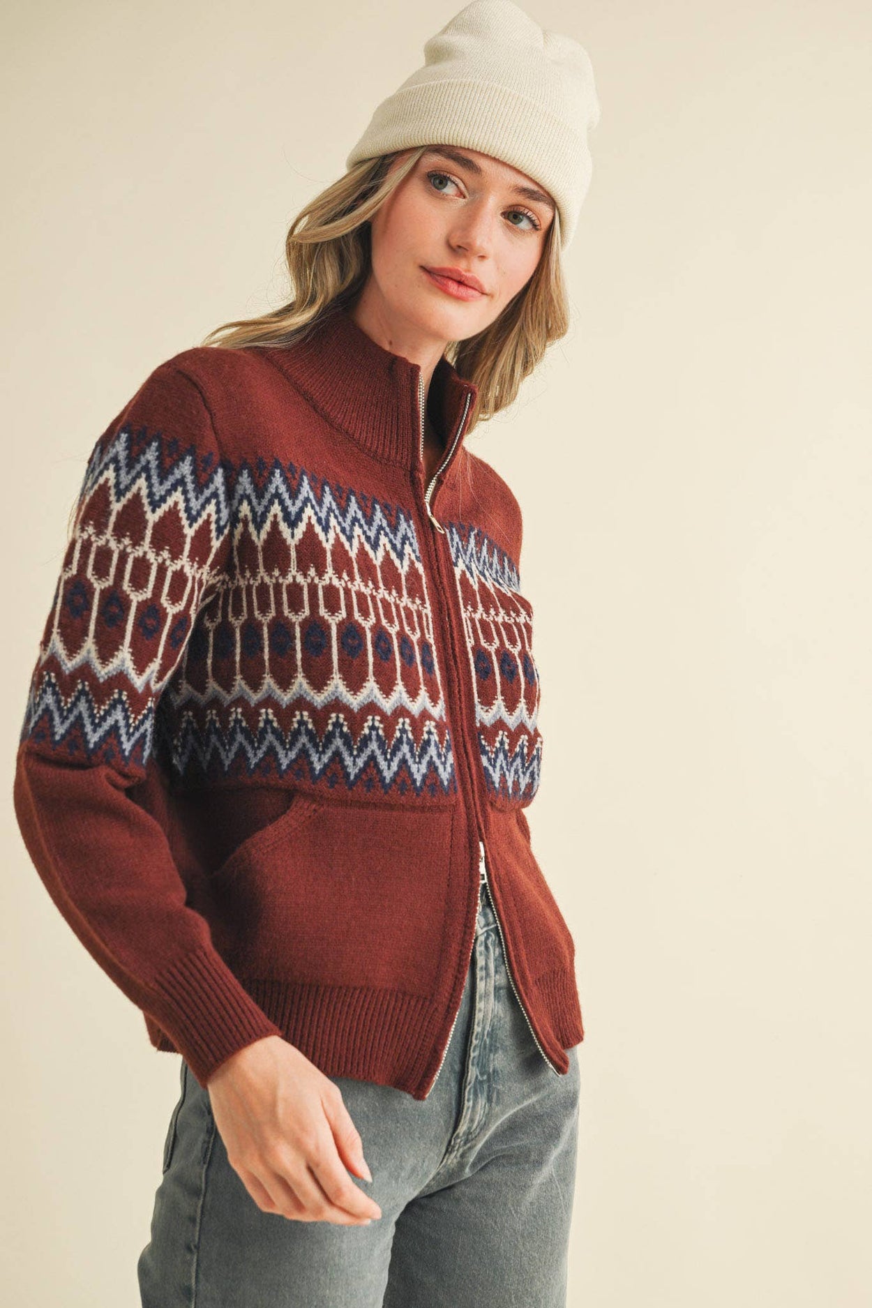 Cocoa Brown Fair Isle Zip Up Sweater
