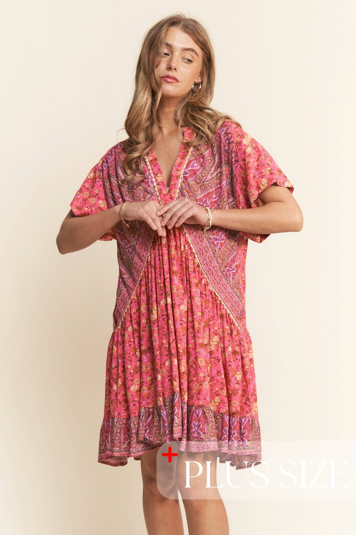 Floral Multi Print Tiered Tunic V Neck Dress