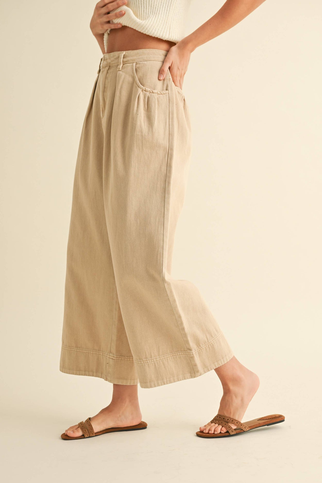 Beige Loose Fit Pleated Cotton Pants