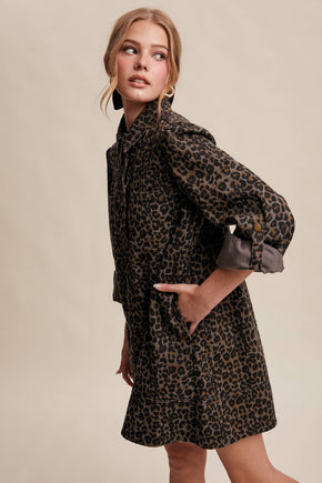 Charcoal Leopard Denim Shirt Dress