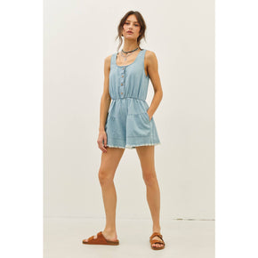 Denim Romper With Distressed Detailing