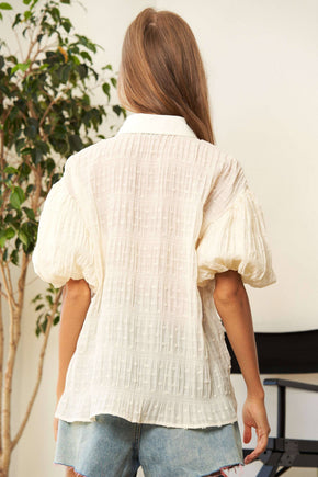 Plus Off White Button Down Puff Sleeve Shirt