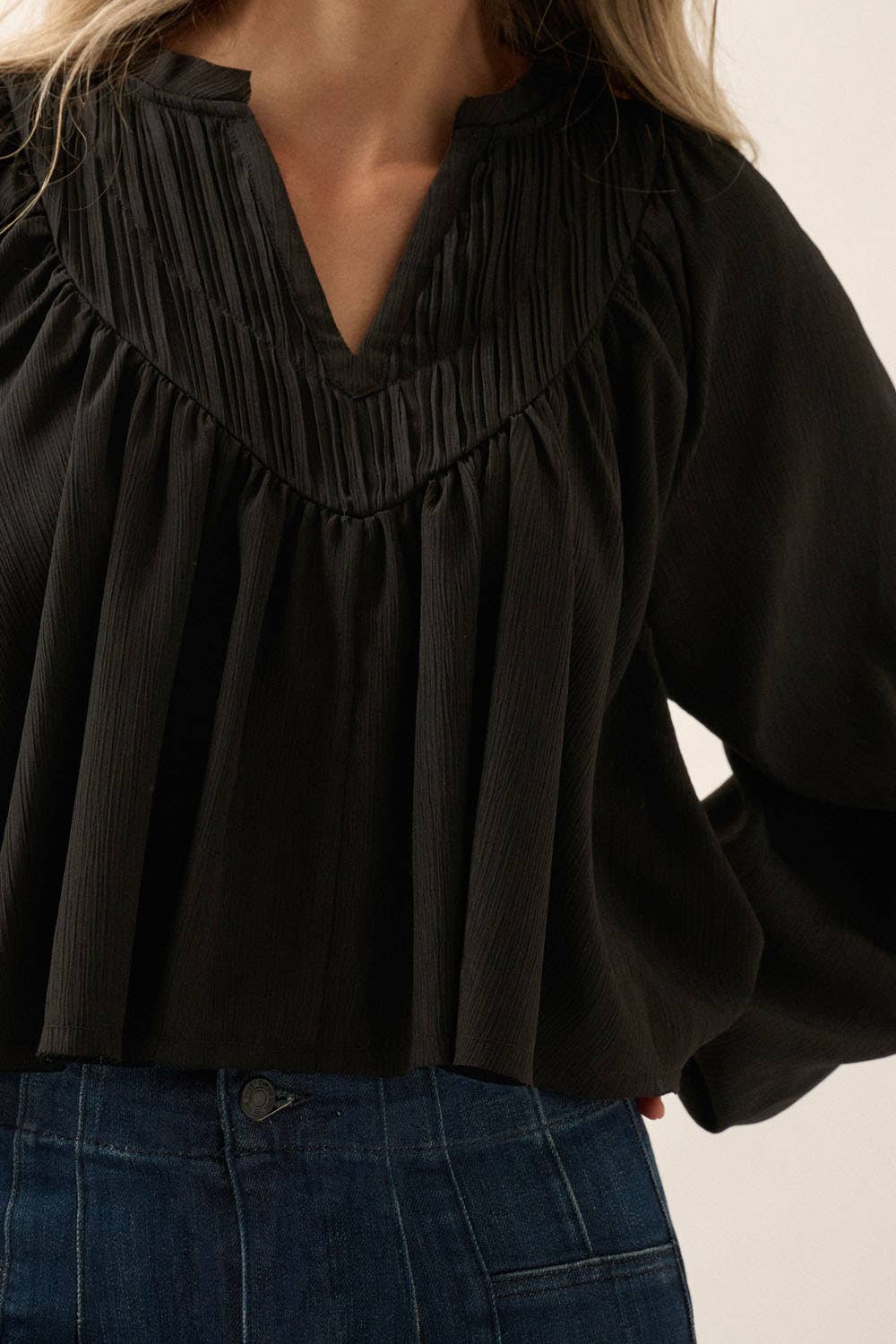 Black Crepe Pleated Yoke Peasant Top