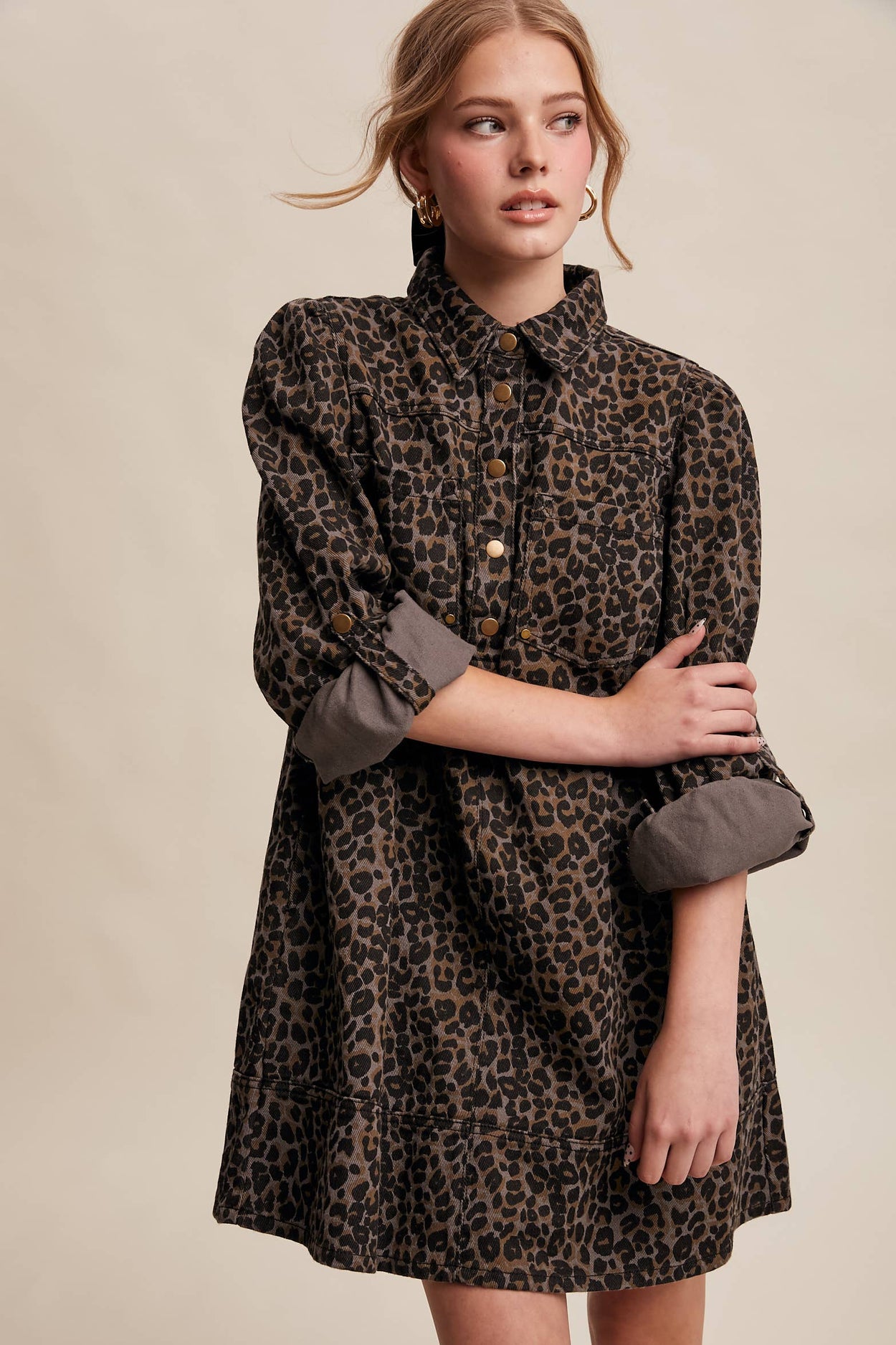 Charcoal Leopard Denim Shirt Dress