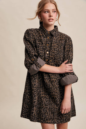 Charcoal Leopard Denim Shirt Dress
