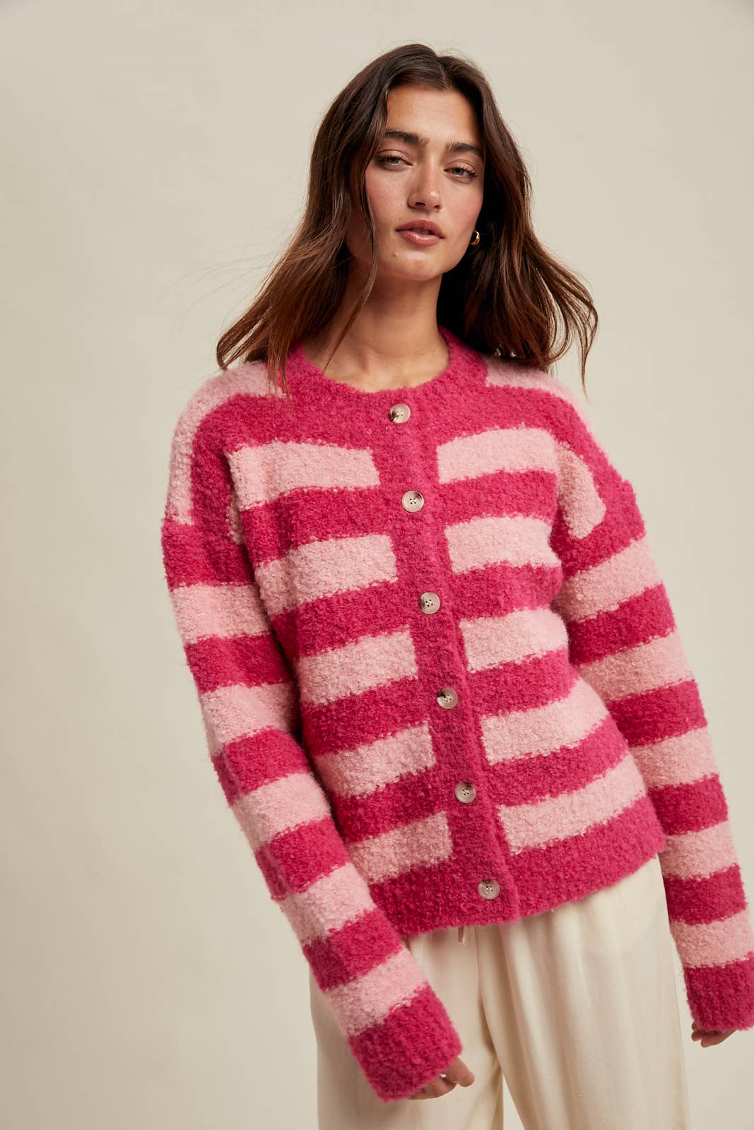 Pink Brushed Striped Button Up Cardigan
