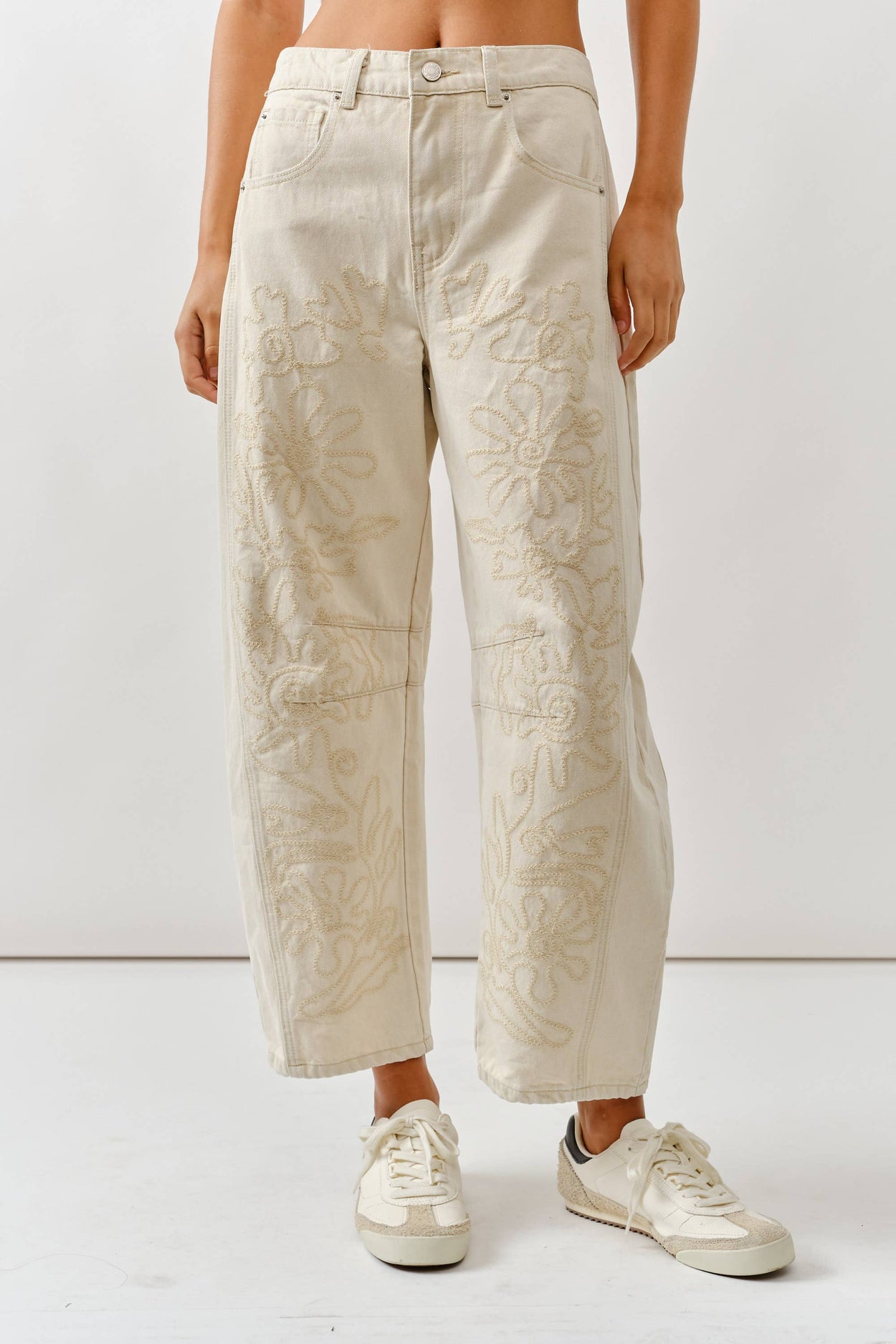 Beige Embroidered Cotton Pants