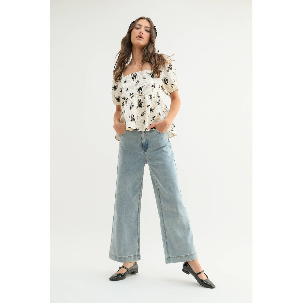 White & Black Textured Floral Puff Sleeve Blouse