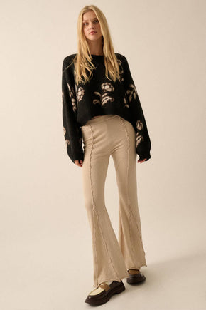 Black Floral Knit Dolman-Sleeve Sweater