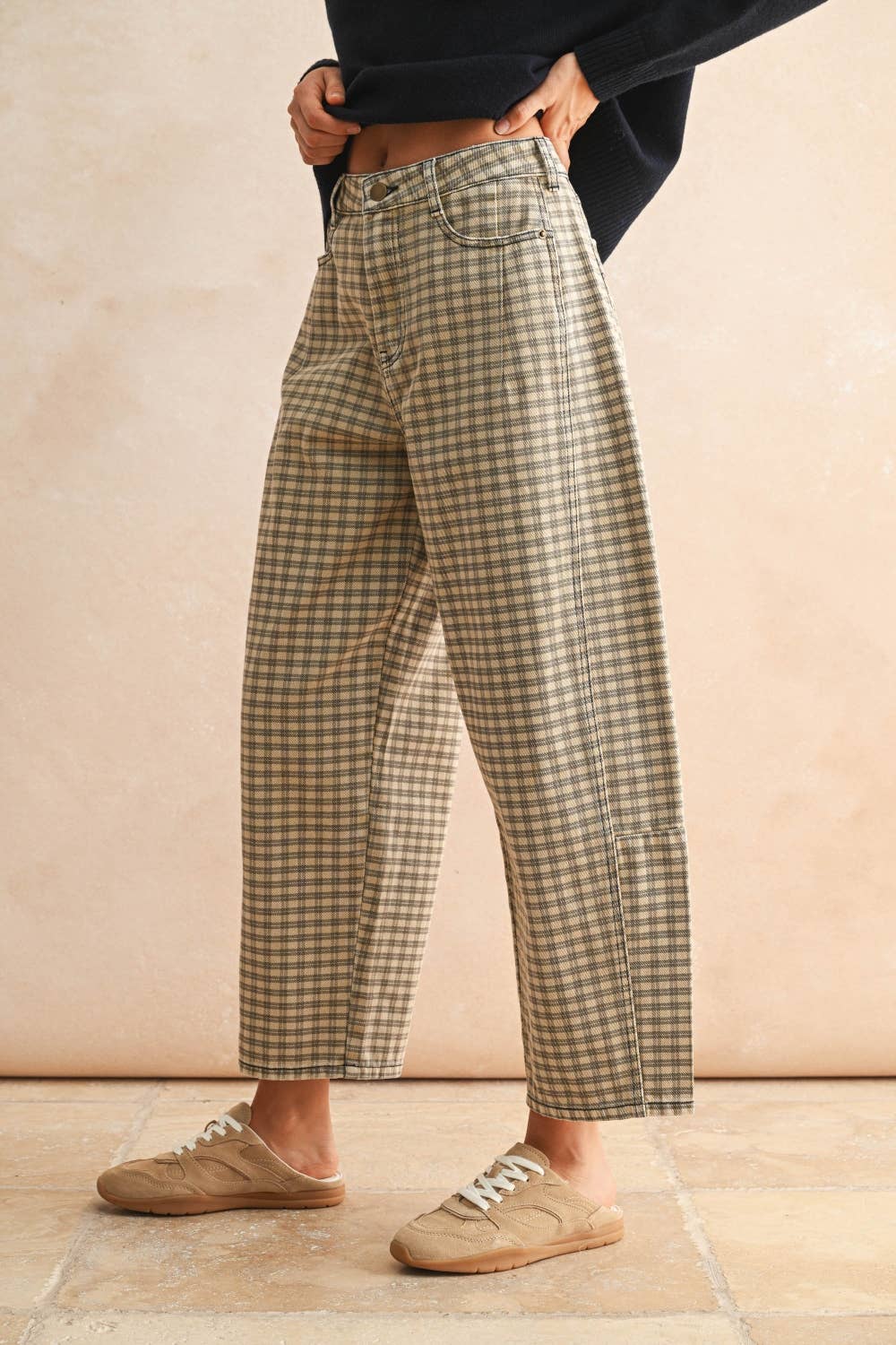 Olive Mist Mini Checker Barrel Pants