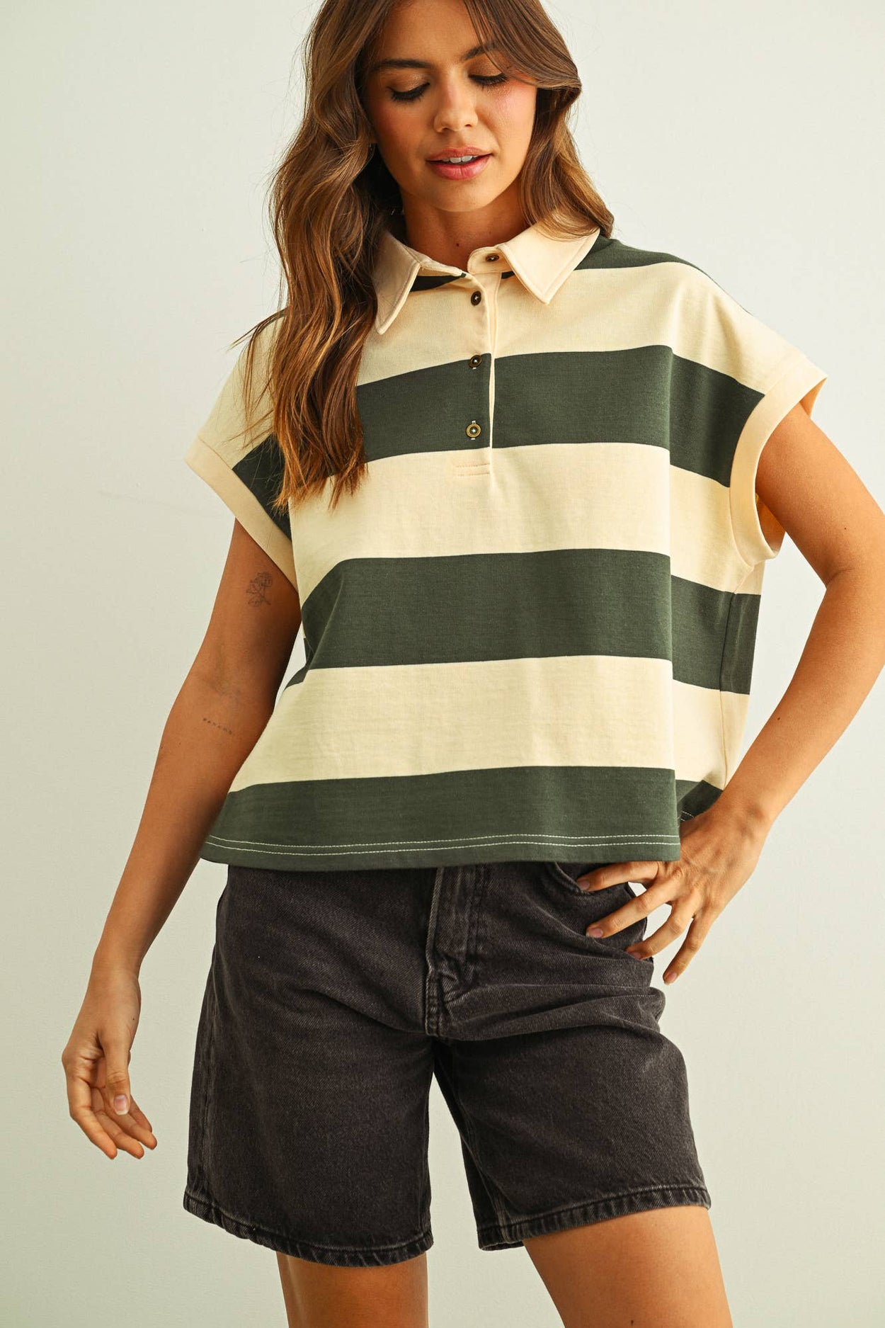 Green  & Beige Wide Stripe Polo
