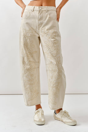 Beige Embroidered Cotton Pants