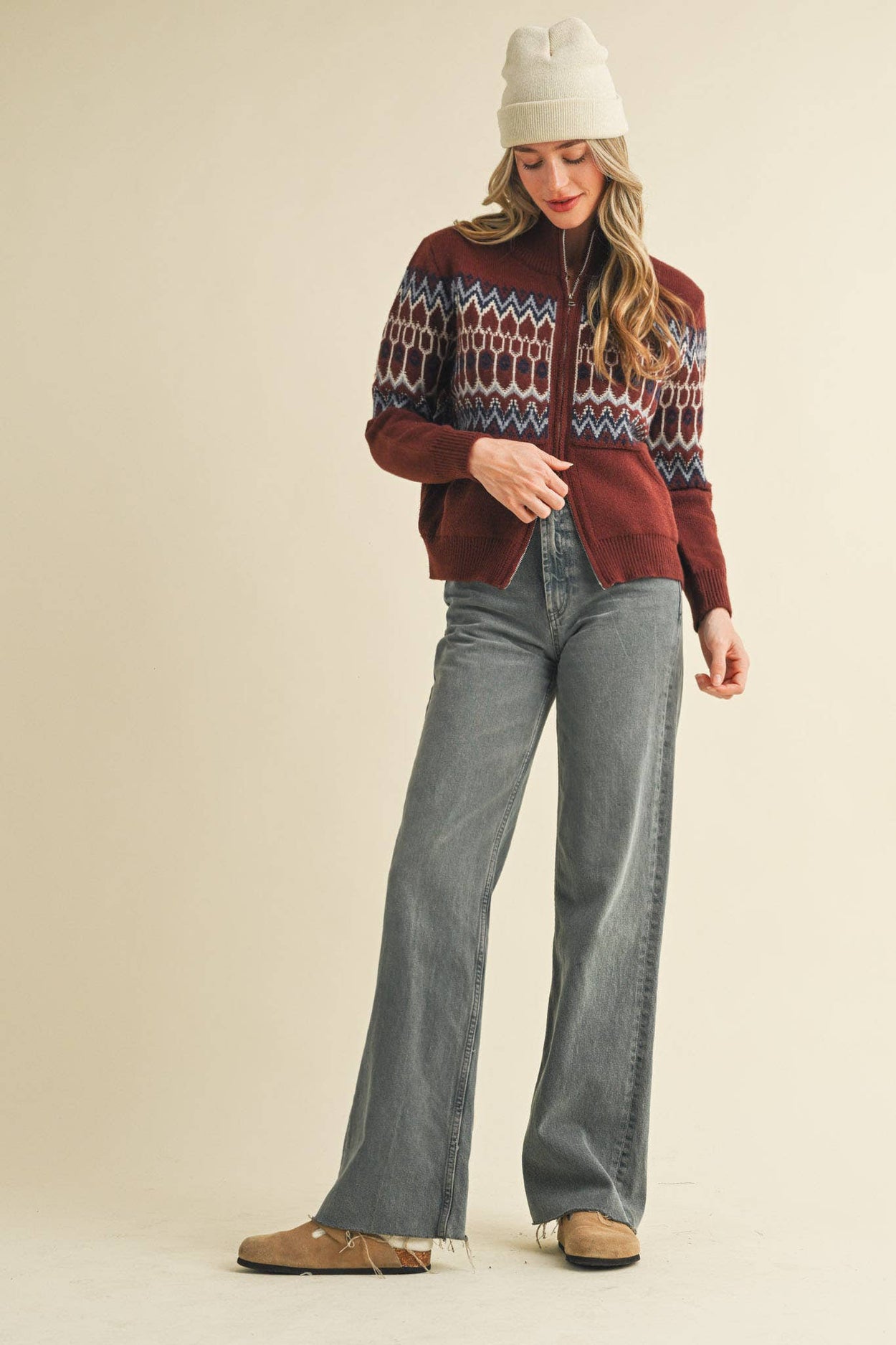 Cocoa Brown Fair Isle Zip Up Sweater