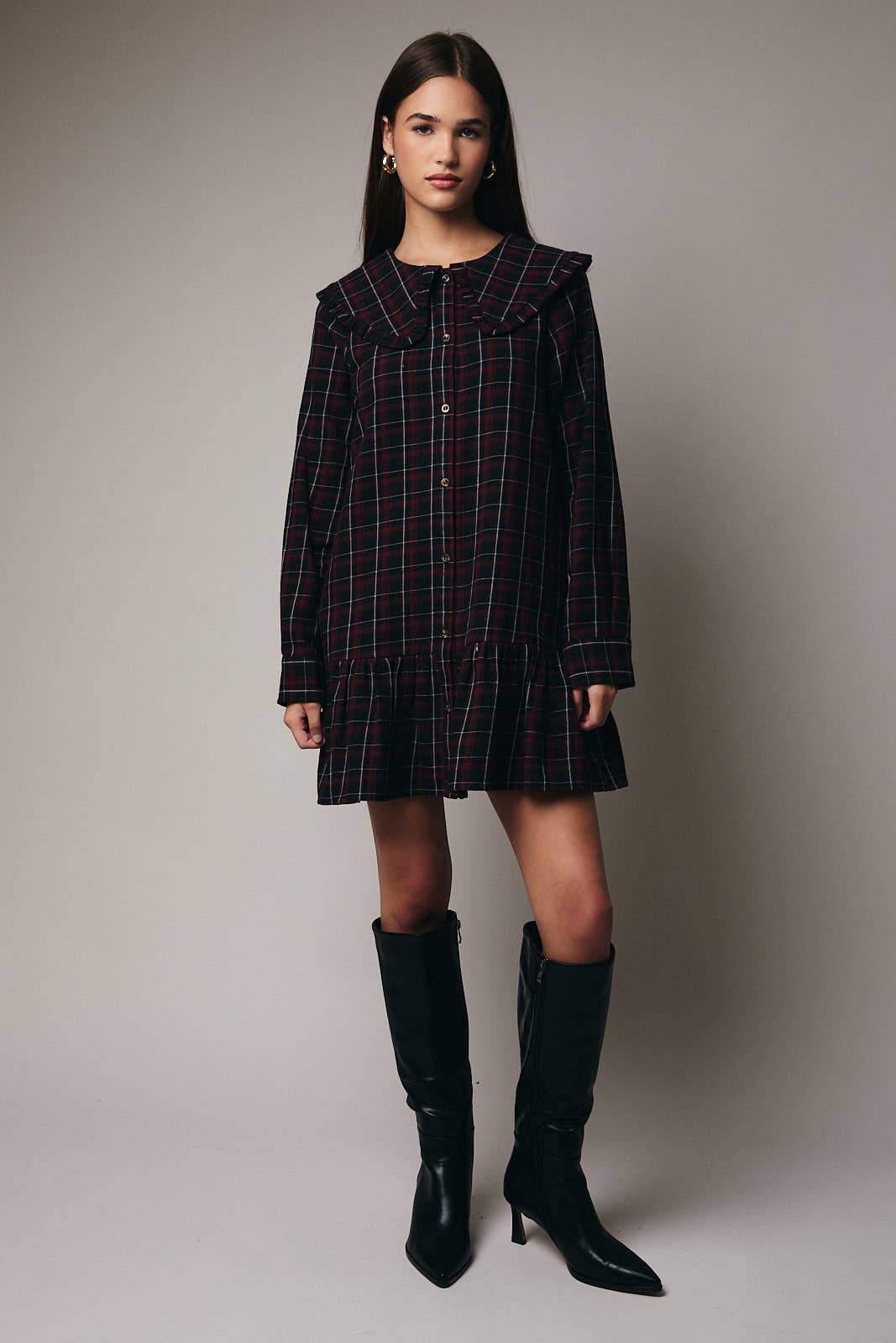 Black Burgundy Plaid Long Sleeve Shirt Mini Dress
