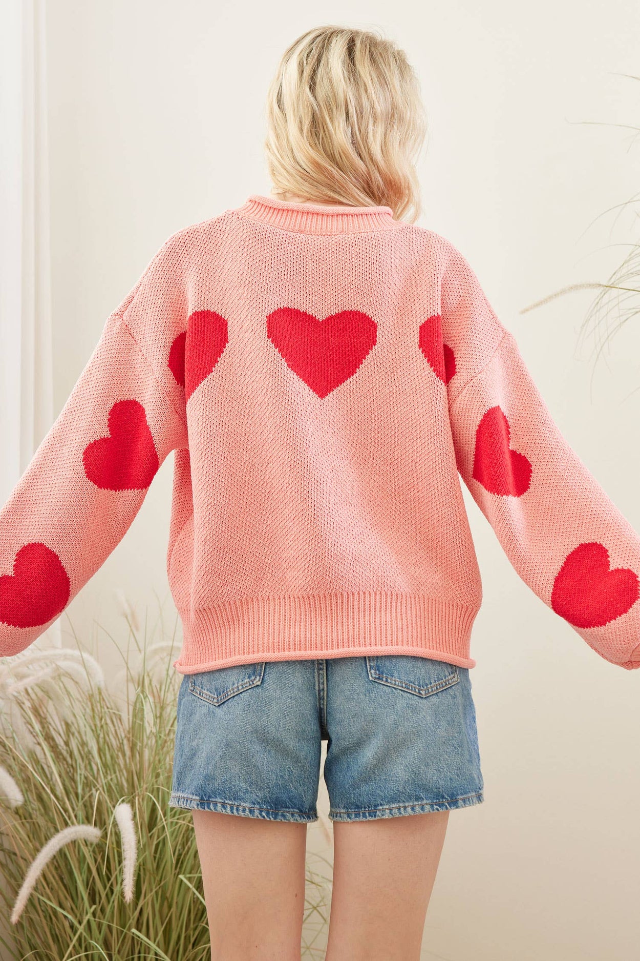 Pink Heart Patched Loose Fit Sweater