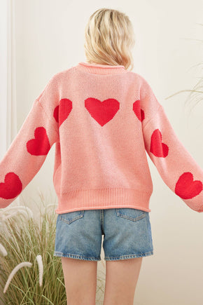 Pink Heart Patched Loose Fit Sweater