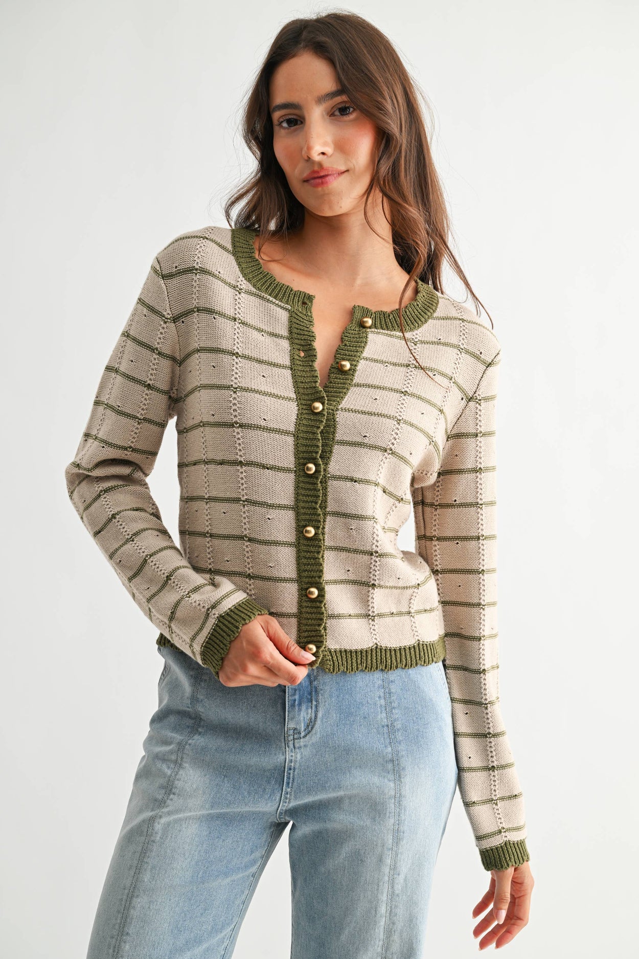 Taupe & Olive Trim Button-Up Cardigan