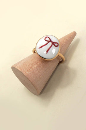 Porcelain Gold Edged Bow Charm Ring