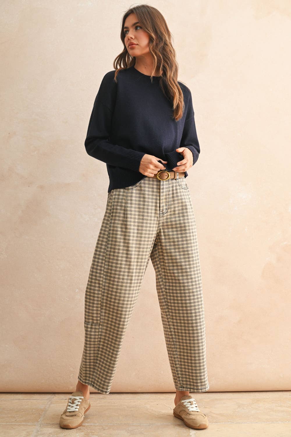 Olive Mist Mini Checker Barrel Pants