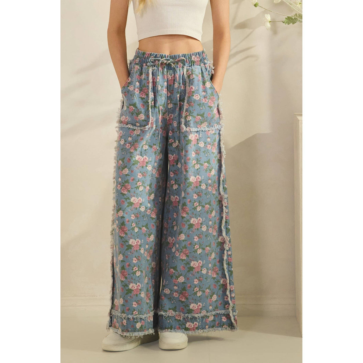 Light Denim Boho Floral Garden Denim Pants