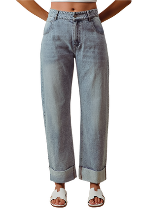 Rolled Up Bottom Hem Soft Barrel Shape Denim Jeans