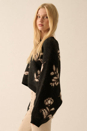 Black Floral Knit Dolman-Sleeve Sweater