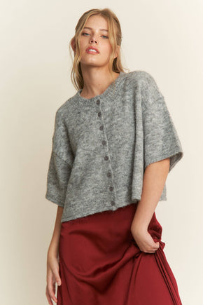 Grey Quarter-Sleeve Knit Cardigan