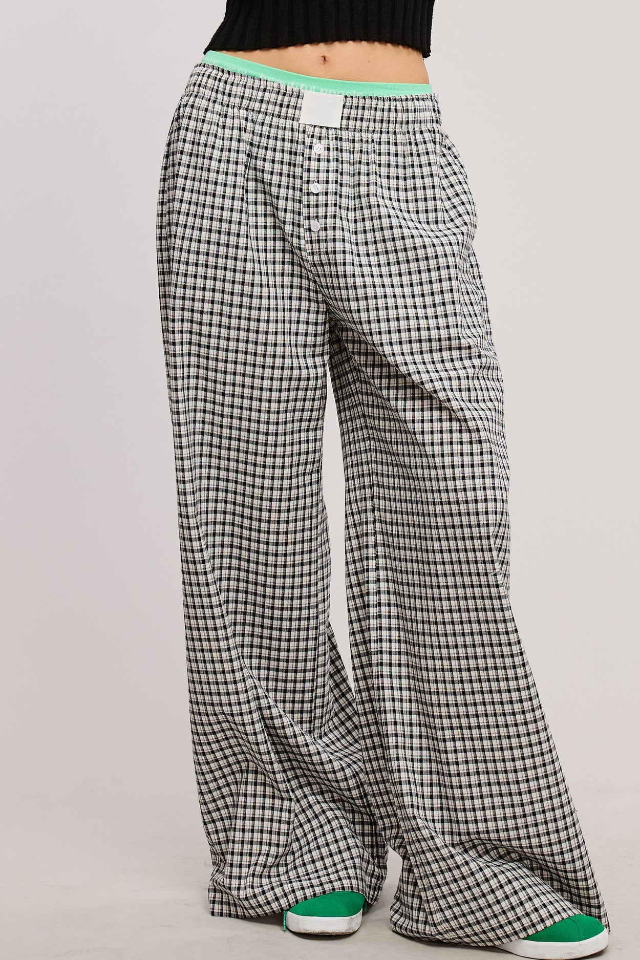 Blue Mid-Low Rise Elastic Waistband Gingham Pants