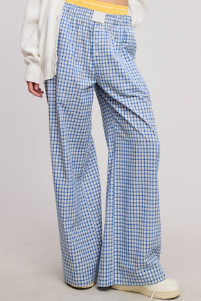 Blue Mid-Low Rise Elastic Waistband Gingham Pants